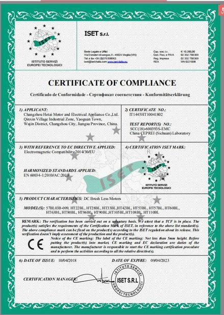 China Changzhou Hetai Motor And Electric Appliance Co., Ltd. Certificações